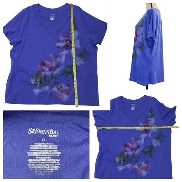 ST, John's Bay Blue Floral Graphic Print Short Sleeve V-Neck T-Shirt - Picture 10 of 10